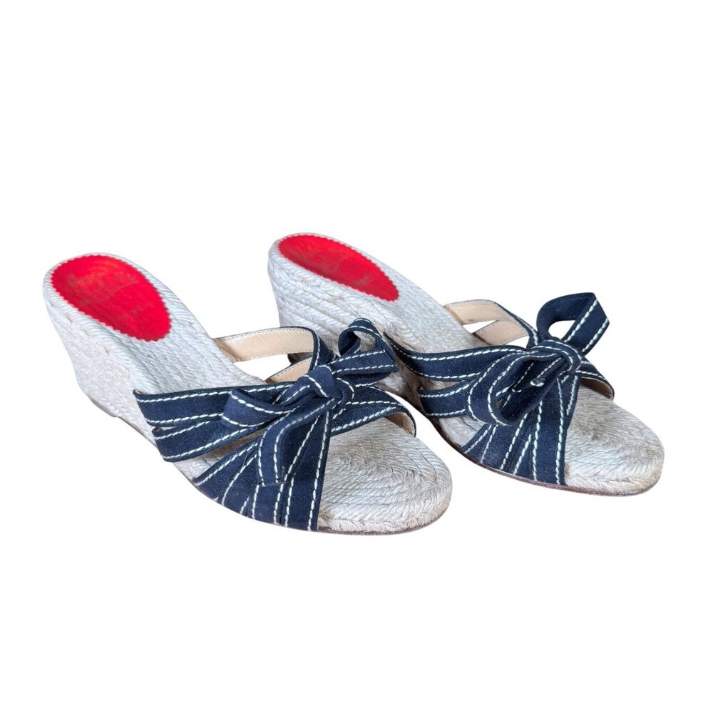 Christian Louboutin Black Bow Tiburon Jute Espadrille Wedge Size EU 37 US 7